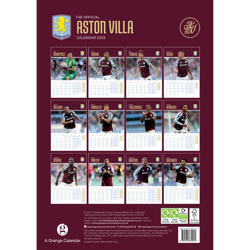 Aston Villa Official 2025 A3 Calendar